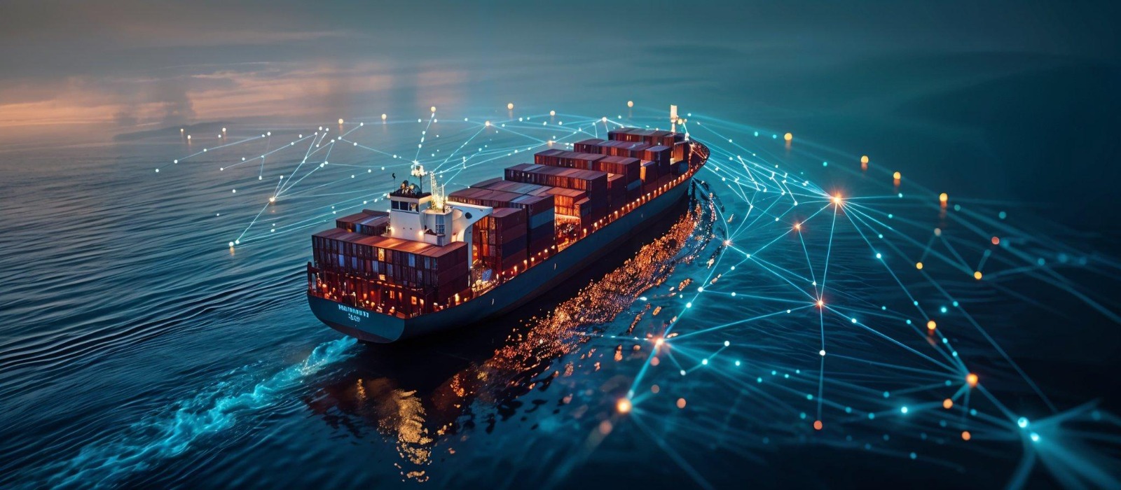 Container ship navigating global shipping trade lines